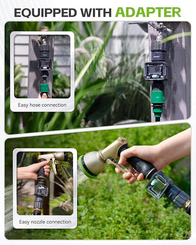 RAINPOINT Water Flow Meter, Measure Consumption and Flow Rate up to 9999.9 Gallon/Liter, ±5% Accuracy, Water Meter for RV, Garden Hose, Pool, Lawn Sprinkler & Nozzle Sprayer