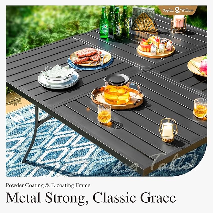 Sophia & William 60" Large Outdoor Patio Table for 8, Outdoor Square Metal Dining Table with 1.9" Adjustable Umbrella Hole, All Weather Wrought Iron Furniture Black Table for Garden Deck