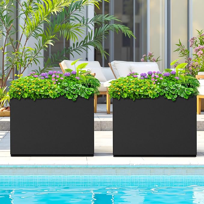 Rectangle Planter for Indoor & Outdoor, Tall and Long Planter Boxes with Drainage Holes, Mental Divider Planter Box All-Weather Use for Plants, Flowers, 29.9" L x 12" W x 24" H, Black