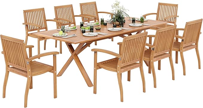 MIXPATIO Acacia Wood Outdoor Dining Set, 9 Pieces Patio Dining Table and Chairs Set, Expandable Dining Table(1.97" Umbrella Hole) and 8 Wooden Chairs, Patio Furniture Set for Deck Poolside Backyard