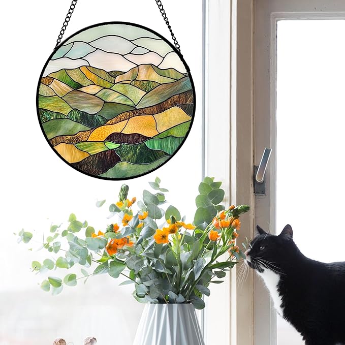 AMDERVEN Stained Glass Window Hanging 4 Pcs Set Mountain River Landscape 7.8" - Suncatcher Door Garden Sun Catcher Decor Birthday Mother's Day for Mom Woman Nana Girl Boy Friend