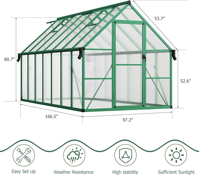 8x14 FT Outdoor Greenhouse, Polycarbonate Greenhouse with Roof Vent and Ground Nails, Aluminum Large Walk-in Green House w/Lockable Push Door for Outside Garden Backyard (Green, 8x14 FT)