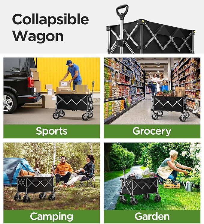 Collapsible Folding Wagon Cart with Large Wheels & 150L Capacity | Heavy-Duty Foldable Utility Wagon for Groceries, Camping, Beach, Sports & Garden Use | Compact Storage, No-Tool Setup-Black