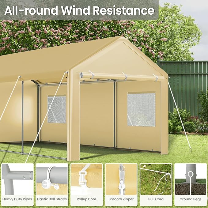 Carport 10x20 Ft, Heavy Duty Car Canopy with Reinforced Ground Bar, Portable Garage with Roll-up Windows and Removable Sidewalls, Galvanized Car Shelter, Large Outdoor Carports (Beige)