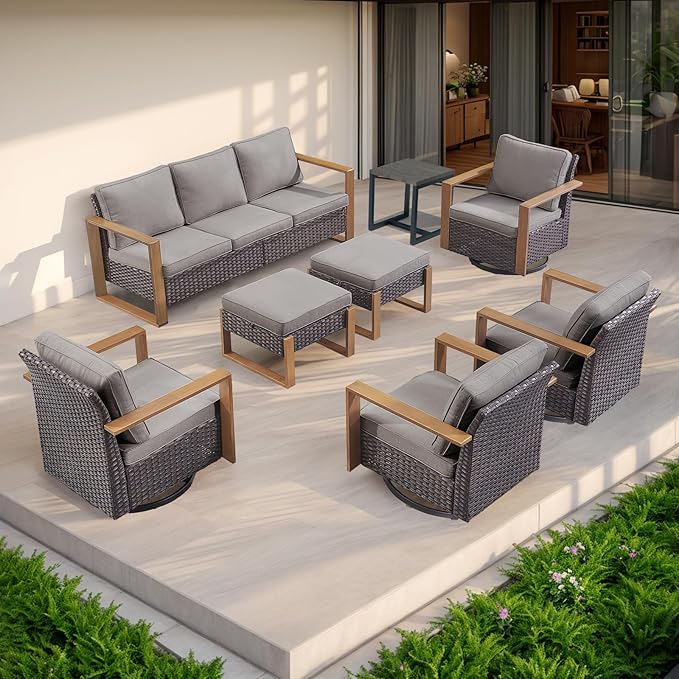 Rilyson Outdoor Wicker Patio Furniture Set - 8 Piece Patio Conversation Set with 4 Wicker Swivel Rocker Chairs,2 Rattan Ottoman 1 Side Table and 1 Couch,Thick Cushions,Deep Seating(Brown/Grey)