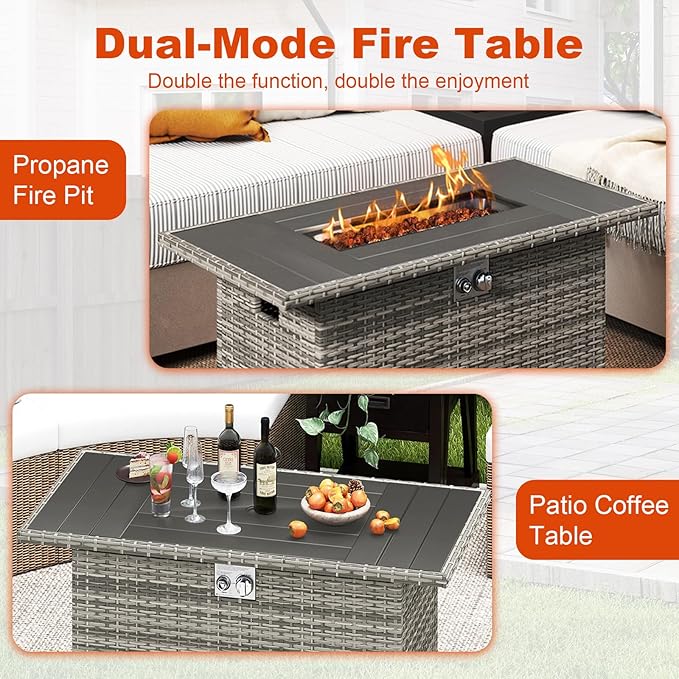 Tangkula 44.5 Inch Propane Fire Pit Table, Outdoor Rattan Gas Firepit with Metal Slatted Tabletop & Stainless Steel Burner, Rectangle Fire Pit with Lava Rocks & Protective Cover for Outside Patio