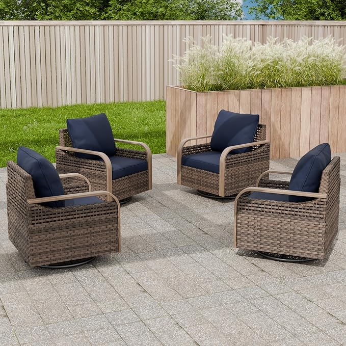 EAGLE PEAK Modern Wicker Outdoor Glider Rocking Chair, Swivel Rocker, Rattan Patio Furniture for Yard Deck Porch Garden, 4 Chairs, Brown/Blue