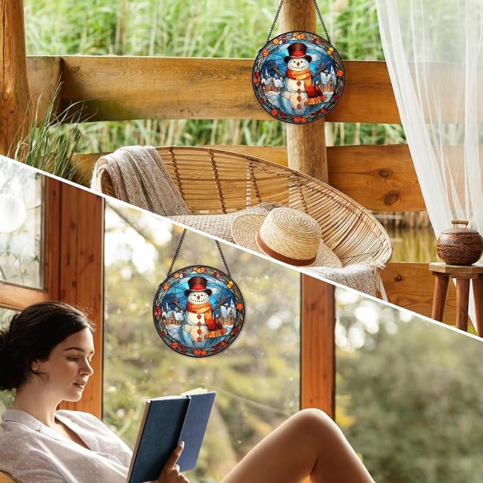 cvjutf Christmas Snowman Suncatcher Stained Glass Window Hanging Decor, Winter Snowman Stained Glass Wall Decor, Christmas Garden Sun Catchers Indoor Window Hanging Wall Art, 7.9x7.9In