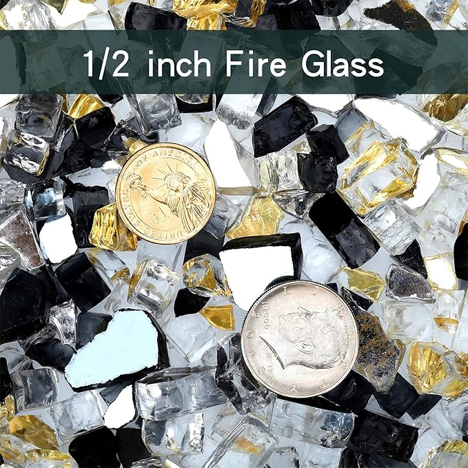 Onlyfire 10 Pounds Blended Reflective Fire Glass for Fire Pit Fireplace and Landscaping, 1/2 Inch Mixed Colored High Luster Fireglass Rocks for Outdoor and Indoor Use - Onyx Black+Platinum+Gold