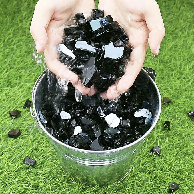 GRISUN Onyx Black Fire Glass for Fire Pit, 1/2 Inch High Luster Reflective Tempered Glass Rocks for Natural or Propane Fireplace, Safe for Outdoors and Indoors Firepit Glass, 10 Pounds