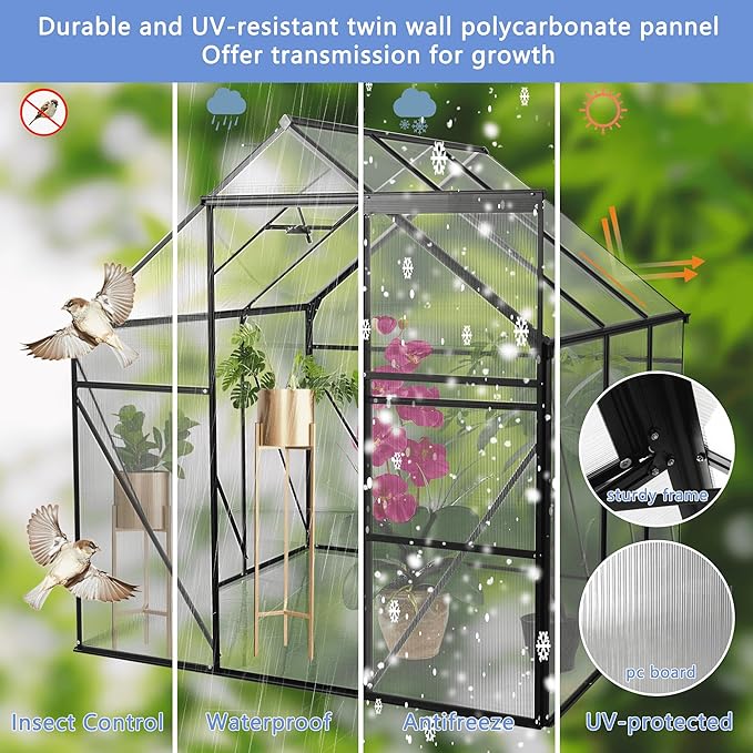 6×6 FT Compact Polycarbonate Greenhouse for Outdoors, Walk-in Aluminum Green House with Sliding Door, Raised Base & Roof Vent, Small Outdoor Greenhouse for Backyard Winter Use, Black