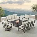 Oakland Living Black Aluminum Patio Fire Table Set with Two Deep Seating Sofa with Cushions and Two Club Chairs with Light Grey Cushions
