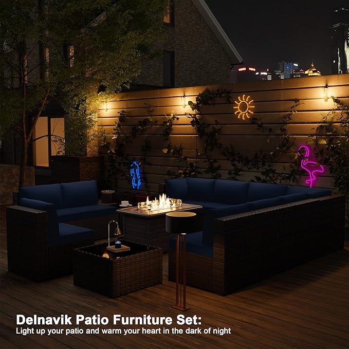 Kurapika 13 Pieces Patio Furniture Set, Rattan Wicker Outdoor Conversation Sets w/43in Propane Fire Pit Table and 4 Inch Cushion(Navy Blue)