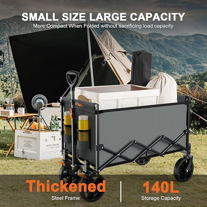 Navatiee 140L Wagon Cart Foldable, Large Capacity Collapsible Wagon with Smallest Folding Design, Utility Grocery Cart for Camping Shopping Sports, Gray