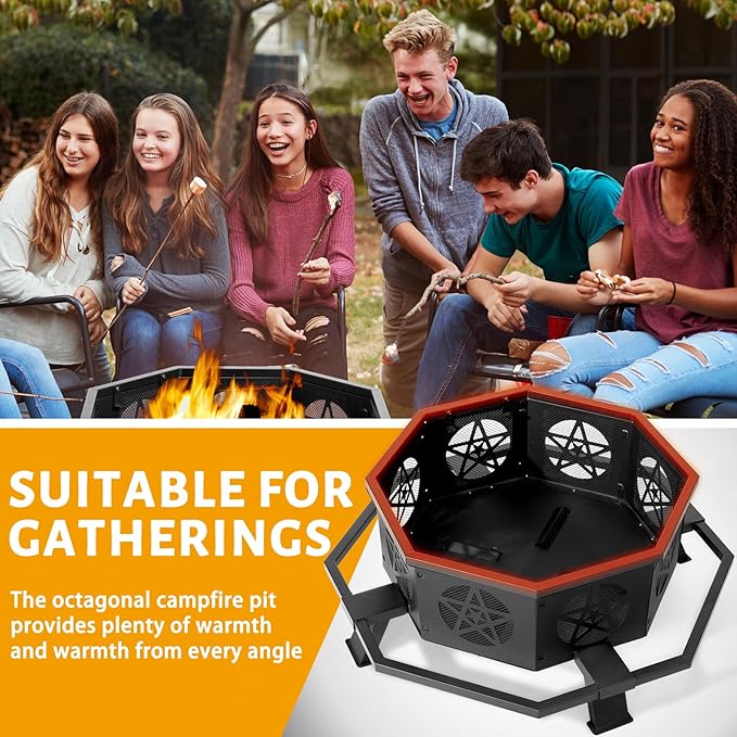 43 Inch Outdoor Fire Pit, Heavy Duty Wood Burning Firepits for Outside, Octagonal Metal Bonfire Fire Pits with Fire Poker for Camping, Backyard, Patio, Garden, Beach, Poolside, Picnic