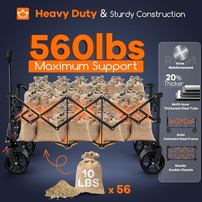 48" L Collapsible Wagon Cart Foldable, 560lbs Weight Capacity 300L Heavy Duty Folding Beach Wagons with Big All-Terrain Wheels, Utility Carts for Groceries, Shopping, Camping, Sports - Grey&Black