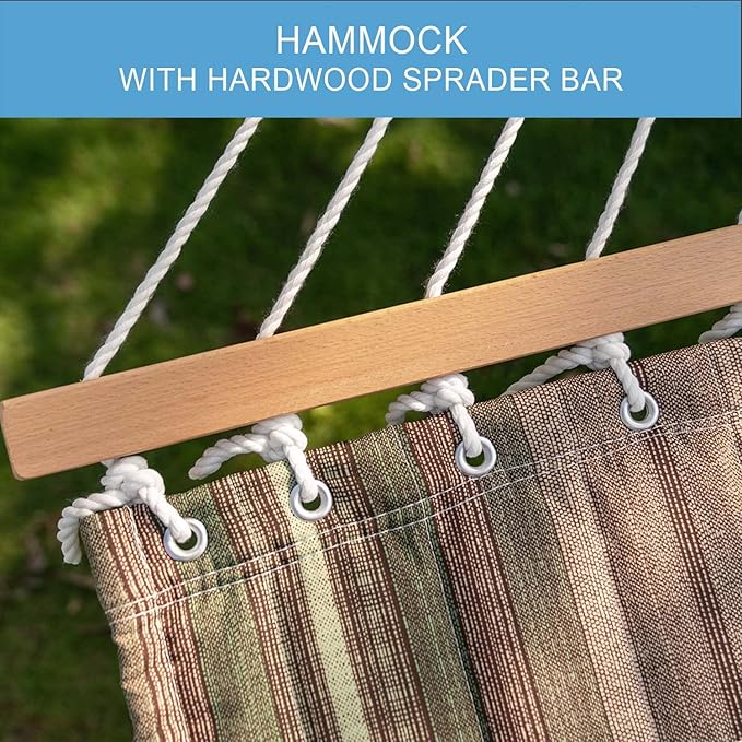 Lazy Daze 12 FT Quilted Fabric Double Hammock with Spreader Bars and Detachable Pillow, 2 Person Hammock for Outdoor Patio Backyard Poolside, 450 LBS Weight Capacity, Mixed Green & Brown Stripe