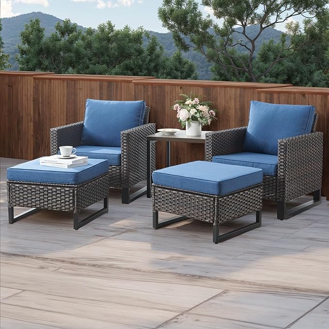 HUMMUH 5 Piece Patio Furniture Outdoor Bistro Set All-Weather Wicker Outdoor Chairs with Ottomans End Table for Patio,Porch,Garden,Backyard