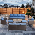 HUMMUH 9 Piece Patio Furniture Set Outdoor Sectional Sofa,High Back Patio Swivel Rocker Chairs with Ottomans Coffee Table for Porch,Garden,Backyard(Brown/Blue)
