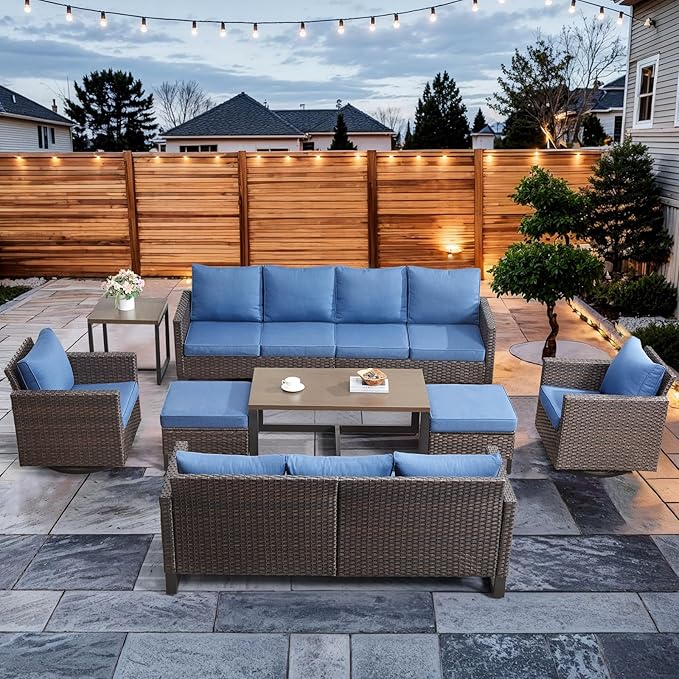 HUMMUH 9 Piece Patio Furniture Set Outdoor Sectional Sofa,High Back Patio Swivel Rocker Chairs with Ottomans Coffee Table for Porch,Garden,Backyard(Brown/Blue)