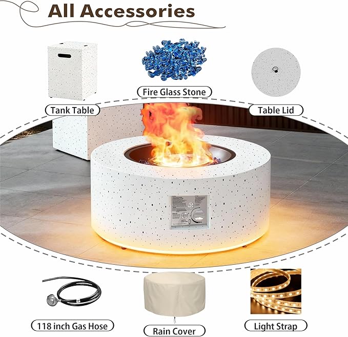 30" Round Propane Fire Pit Table - 50K BTU with Lid, Rocks Tank Storage and Cover - Round Gas Fire Pits for Outside Patio - Outdoor Table with Firepit (White/Golden Light, 30" Round)