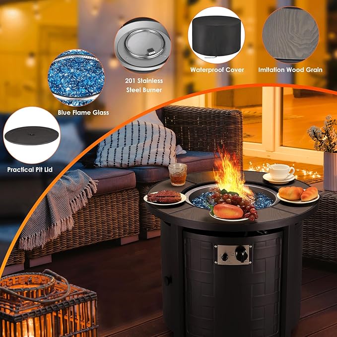 TLGREEN Propane Fire Pit Table 30in, 50,000 BTU Auto-Ignition Round Gas Fire Pit, Patio Furniture Outdoor and Indoor, Fire Table with Waterproof Cover, Blue Stone and Lid