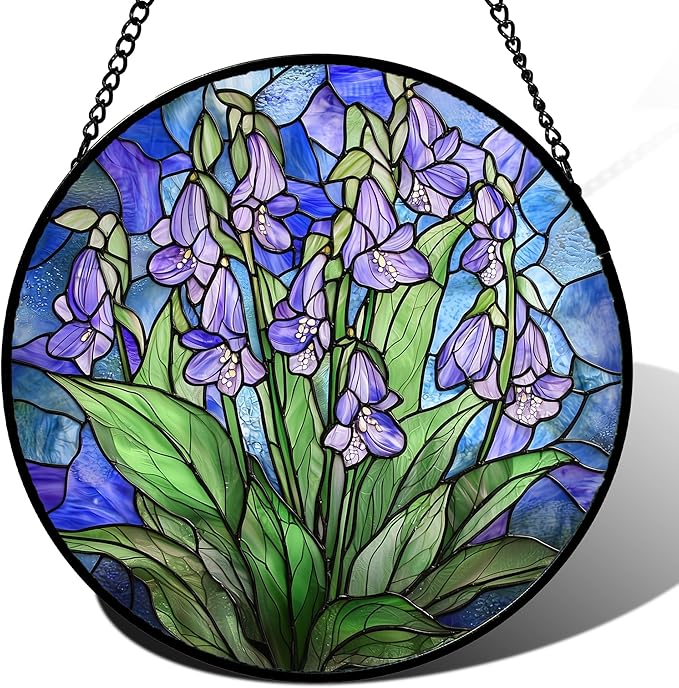 AMDERVEN Stained Glass Suncatcher, Blue Purple Flowers Green Leaves Sun Catcher Plants Stain Glass Window Hanging Decoration Mother's Day Birthday Gifts for Women Men Mom and Nana 9.8 in