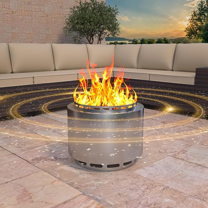 Kurapika 19-Inch Smokeless Fire Pit for Outside, Portable Outdoor Smokeless Stove - Wood Burning Stainless Steel Fireplace with Ash Poker & Carry Bag, Low Smoke Firepit for 4-6 People - Silver
