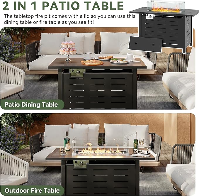 Aoxun 44" Propane Fire Pit Table– 60,000 BTU Outdoor Gas Fire Pits with Removable Lid & Waterproof Cover, Lava Rocks Rectangle Gas Firepit Table for Outside Patio Black