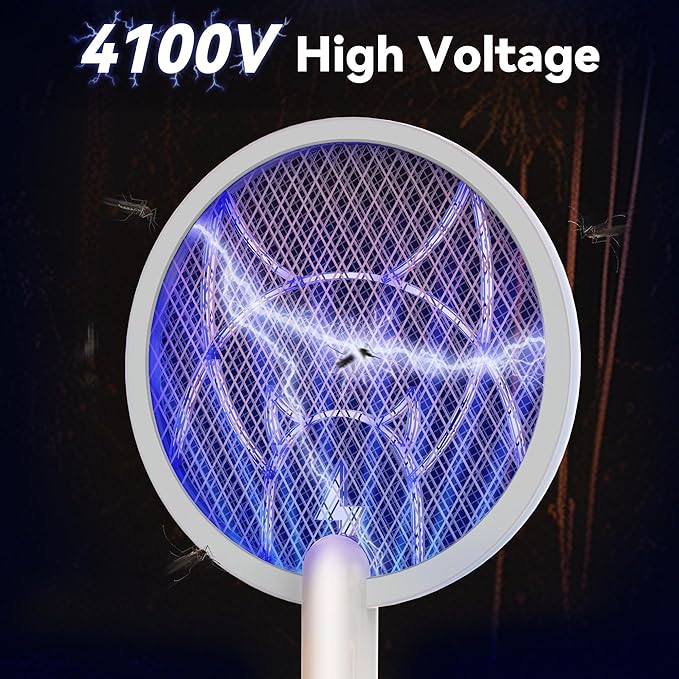 Electric Fly Swatter Racket,2 in 1 Mosquito Bug Zapper 4100V Handheld Mosquito Killer with 1800 mAh Rechargeable Battery, Purple Light and 3-Layer Safety Mesh for Indoor Outdoor Grey Two-Pack