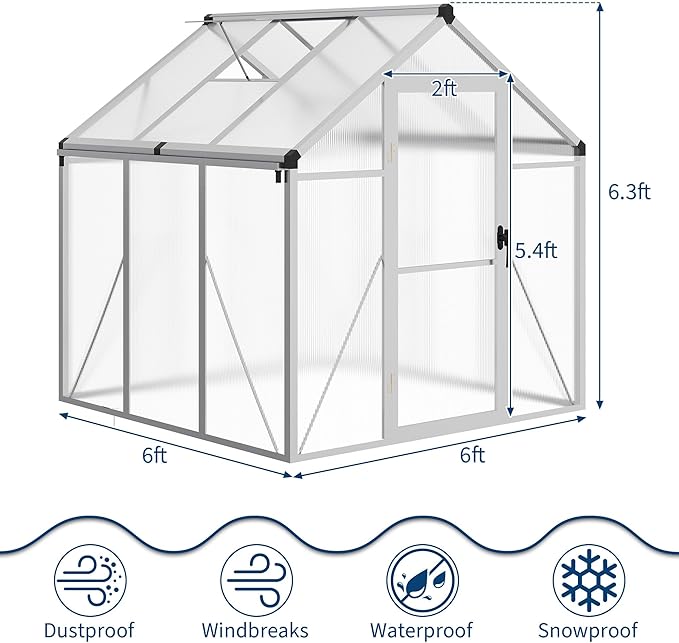 6 x 6 ft Greenhouse, Greenhouses for Outside, Polycarbonate Greenhouse with Aluminum Frame, Lockable Door and Ajustable Roof Vent for Backyard, Green Houses for Outside Garden Backyard, Patio