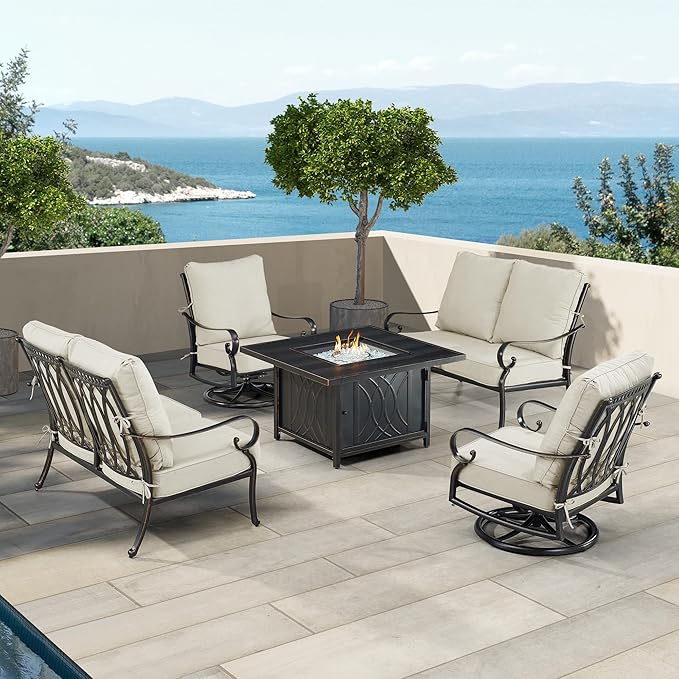 Oakland Living Black Aluminum Patio Fire Table Set with Two Deep Seating Loveseat, Two Club Chairs, Cushions and Wind Blocker