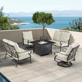 Oakland Living Black Aluminum Patio Fire Table Set with Two Deep Seating Loveseat, Two Club Chairs, Cushions and Wind Blocker