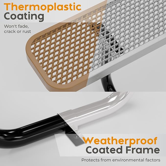 Commercial Heavy-Duty Metal Picnic Table with Backrest - ADA Compliant, Adjustable Seats, Umbrella Hole, Expanded Metal (Brown, 6' Rectangular with Back)