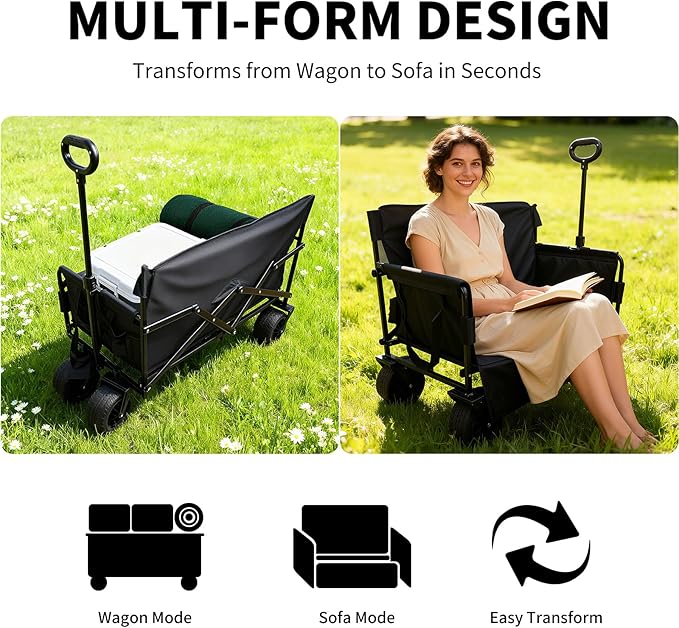 Collapsible Folding Wagon, Foldable Beach Wagon Cart with 300L Storage Collapsible 330LBS Folding Cart Adjustable Handle, Outdoor Utility Wagon for Groceries, Camping, Sports, Shopping(Black)