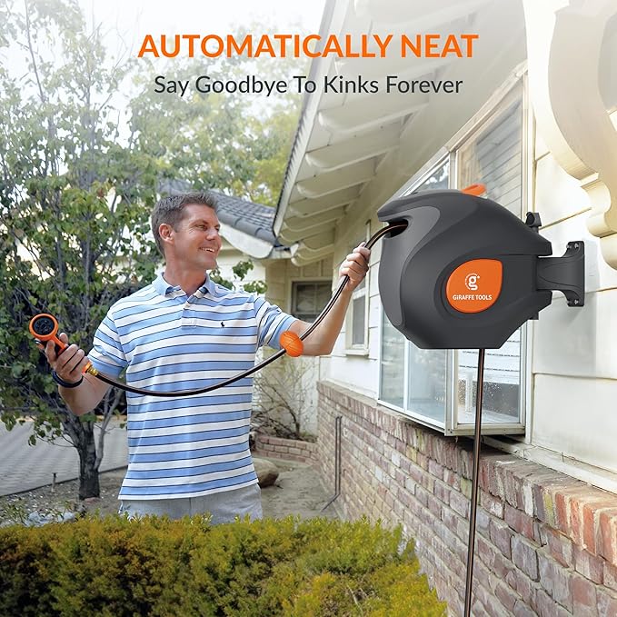 Giraffe Tools BW30 Retractable Garden Hose Reel 100ft x 1/2”, Wall-Mounted Automatic Water Hose Reel with 9 Pattern Nozzles for Outside Use