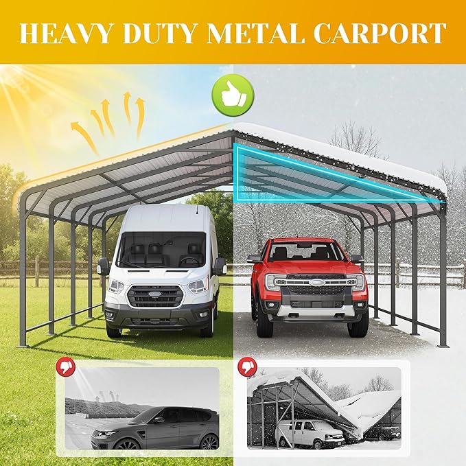 20x20 FT Metal Carport for 2 Cars, Heavy Duty Canopy Carport with Updated Roof & Enhanced Base, Garage Vertaile for RV Car, Truck, Boat, Tractors, Party, Grey