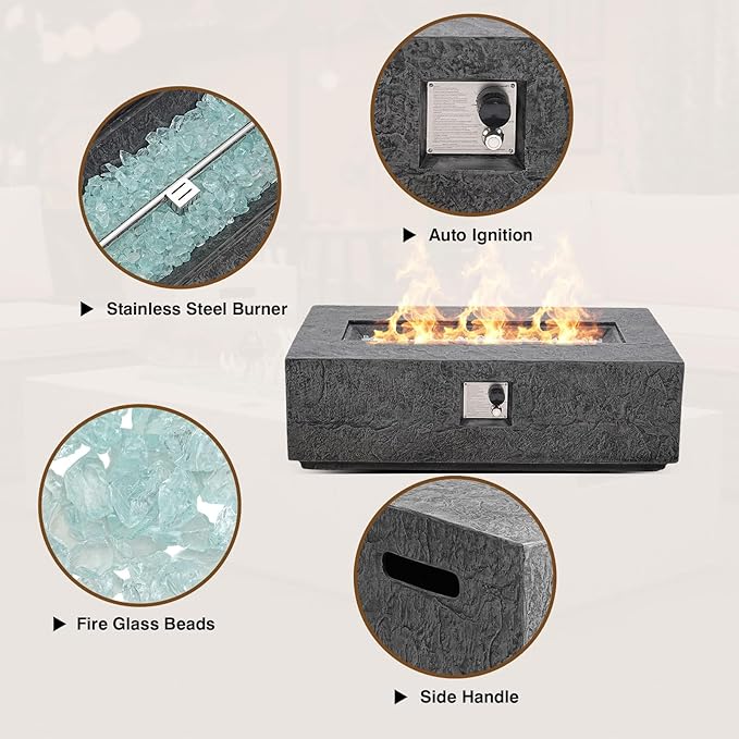 2-Piece Outdoor Propane Fire Pit Table Set – Premium Slate-Like MgO Finish, 48-Inch Gas Fire Table with Tank Table for Patio, Garden & Backyard, Includes Rain Cover & Glass Beads