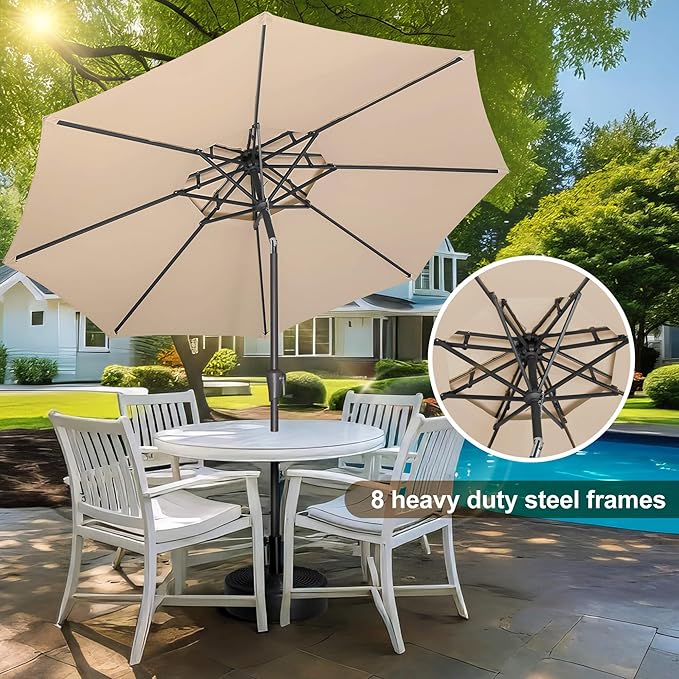 FLAME&SHADE 9ft Patio Umbrella - 2 Tiers Outdoor Umbrella with Push Button Tilt and Crank for UV Protection, Table Market Umbrella for Garden, Deck, Backyard, Pool and Beach(Beige)