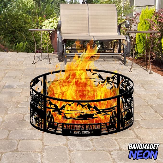Personalized Camping At The Lake House Fire Pit Ring 360 Degree, Custom Name Metal Outdoor Campfire Pits, Wood Burning, Fireplace, Firepit, Bonfire, BBQ Garden Decor, Gift For Family