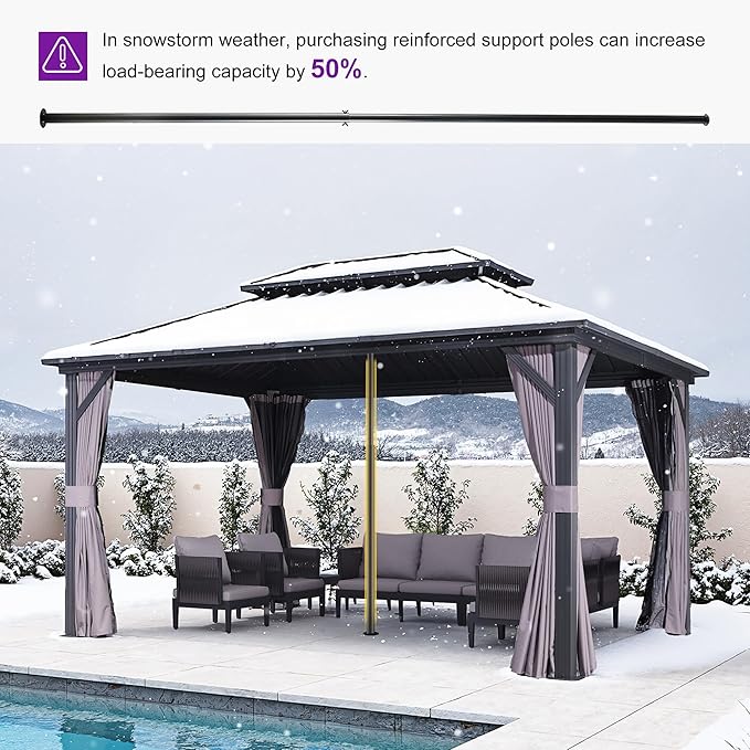 PURPLE LEAF 10'x14' Hardtop Gazebo with Lights Wind-Resistant Galvanized Steel Dual-Layer Double Roof Outdoor Patio Pavilion Including Netting and Privacy Curtains for Lawn Garden Backyard Grey