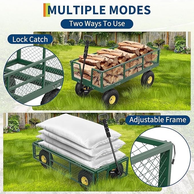 900 LBS Garden Cart on Wheels with Adjustable Handles, Heavy Duty Steel Garden Wagon with Removable Mesh Sides to Convert into Flatbed, Wagon Cart for Lawn Farm Yard, Green