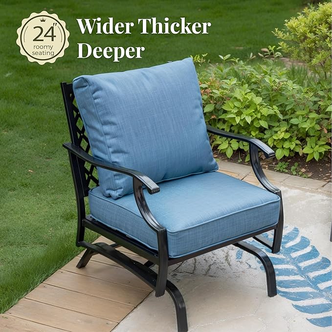 Patio Furniture Set, 4 Pcs Metal Outdoor Conversation Set, 2 Rocking Chairs and 3 Seater Sofa with 5.75" Extra Thick Cushion and Gas Fire Pit Table for Backyard Deck, Navy Blue
