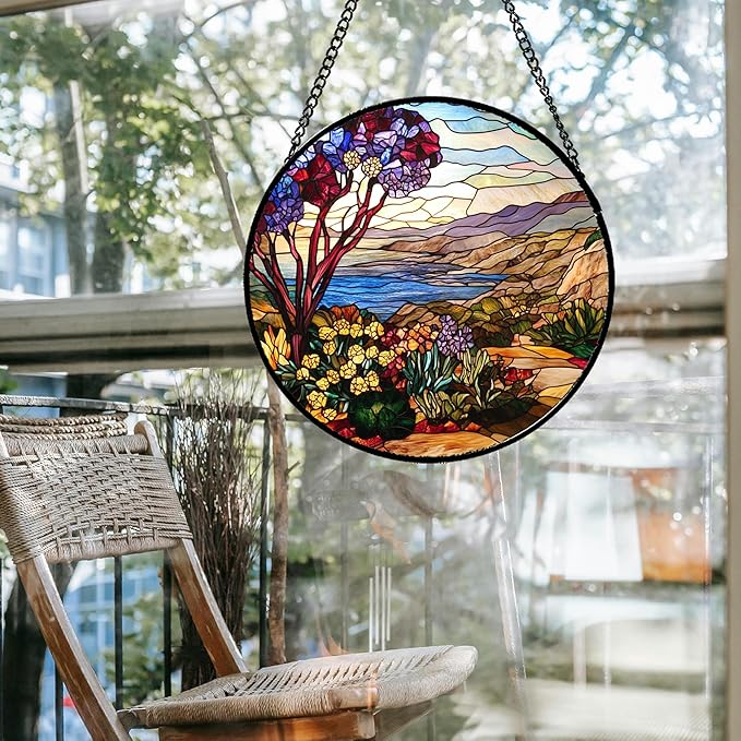 QZQCBLC Stained Glass Window Hanging Retro Wildflowers Lake Mountain Scenery 7.8" - Suncatcher Door Garden Sun Catcher Home Decor Birthday Christmas for Mom Men Woman Friend
