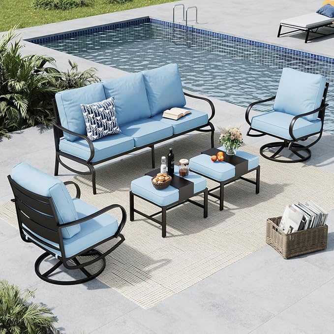 MFSTUDIO 5 Pieces Patio Conversation Sets,Outdoor Metal Furniture Sofas with 1 x 3-Seat Sofa, 2 x Swivel Chairs,2 x Ottoman,Wrought Iron Frame with Blue Cushion for Patio Courtyard Balcony