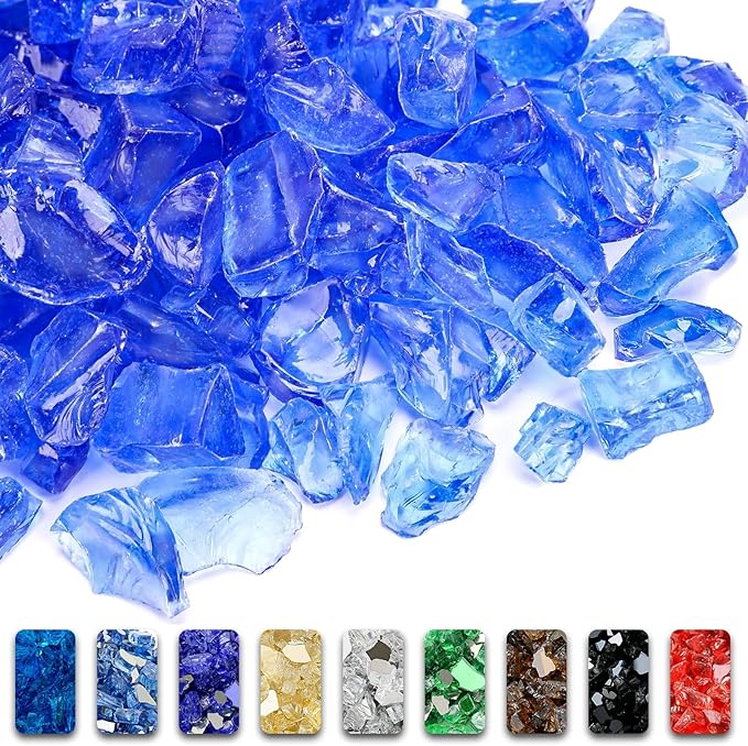 GRISUN Blue Fire Glass for Fire Pit - 1/2 Inch 10 Pounds Tempered Glass Rocks for Natural or Propane Fireplace, Safe for Outdoors and Indoors Firepit Glass