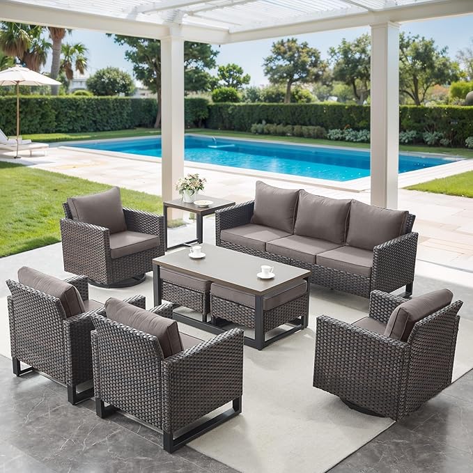 9 Piece Wicker Patio Furniture Set - Outdoor Swivel Rocker Chairs Set with Coffee Table, Rattan Chairs, 3 Seat Sofa & Ottomans, Patio Conversation Sets for Bcakyard Deck - Brown/Grey