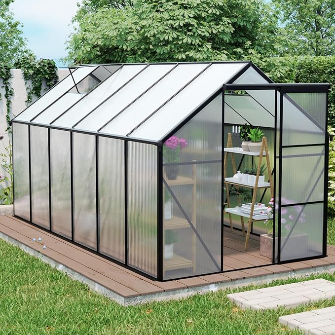 6×12 FT Black Polycarbonate Greenhouse for Outdoors with Heavy-Duty Aluminum Frame, Walk-in Green House Kit with Raised Base, Sliding Door & Adjustable Roof Vent, Large Outdoor Greenhouse