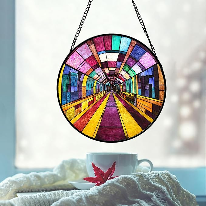 QZQCBLC Stained Glass Window Hanging Abstract Colorful Geometric Tunnel 9.8" - Suncatcher Door Garden Sun Catcher Decor Birthday Christmas for Woman Men Nana Friend Mom