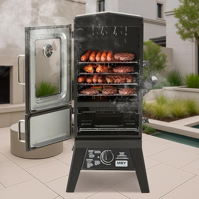 Large Vertical Propane Smoker with Cover & 4 Cooking Grates, Large Cooking Space, Heavy Duty & Weather-Resistant for Outdoor,Smoke Ribs,Brisket,Chicken